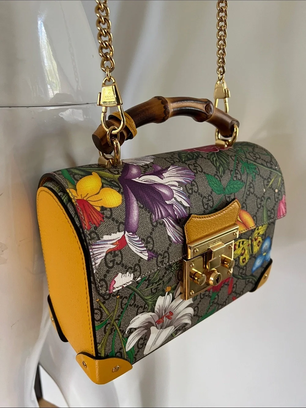 Gucci GG Flora Small Padlock Bamboo Bag Floral Coated Canvas and Yellow Leather - Picture 1 of 16
